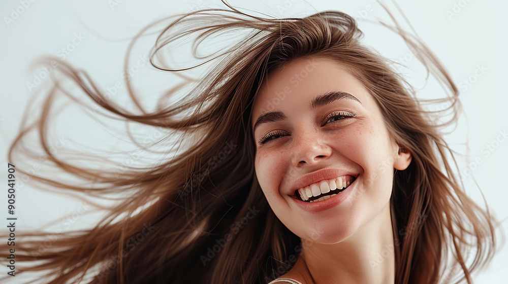A beautiful woman with long hair smiling against a white background