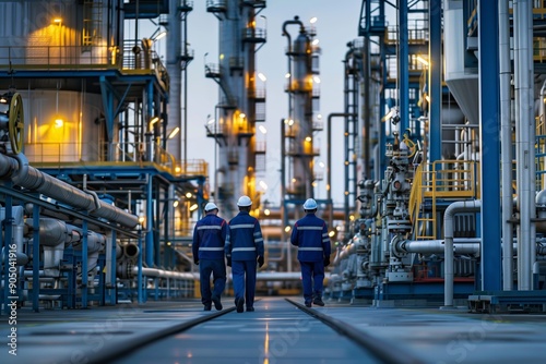Industrial Workers Walking Through Modern Oil Refinery at Dusk with Illuminated Machinery and Pipelines