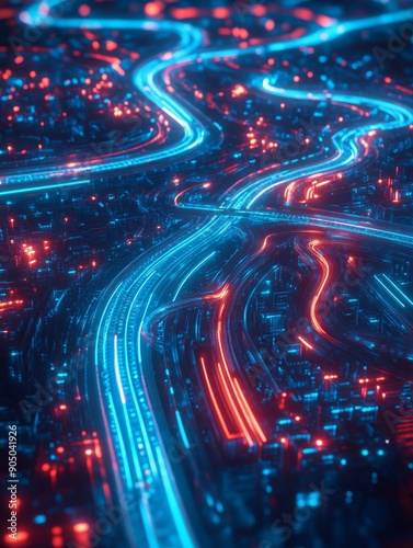 3d rendering of neon glowing digital map with roads and trails on dark background