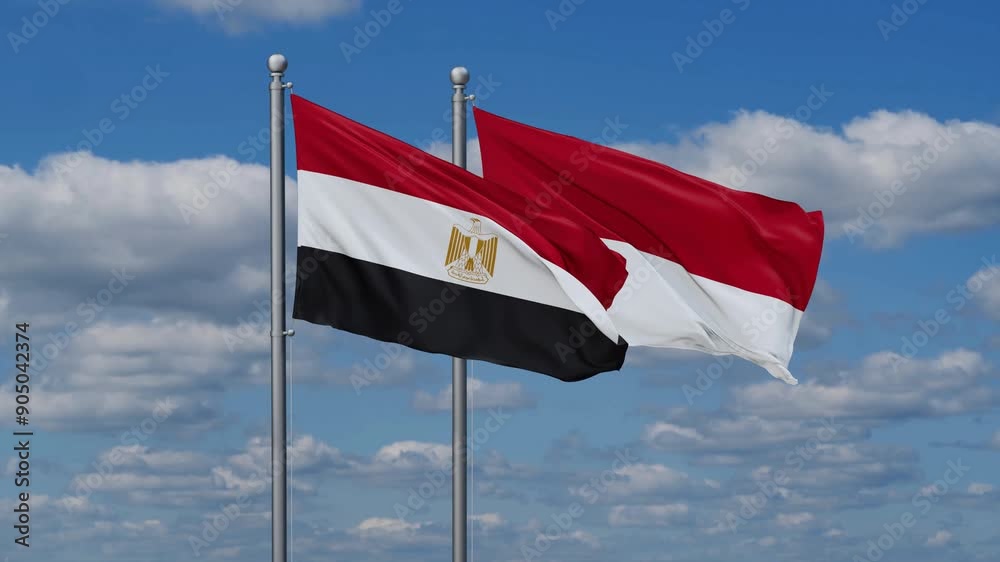 Indonesia and Egypt flags flying together, video concept of the relationship, two country relations concept Indonesia and Egypt flags flying together, video concept of the relationship, two country relations concept