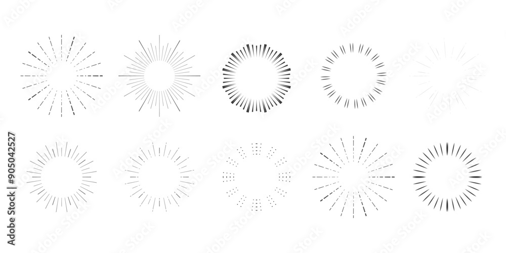 Set Fireworks, rays, sunburst frames circle border decoration, sparkle in doodle style, line sketch explosion isolated on white background. Set Fireworks, rays, sunburst frames circle border decoration, sparkle in doodle style, line sketch explosion isolated on white background.