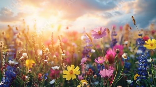 Fototapeta Naklejka Na Ścianę i Meble -  Golden Hour Bloom: A meadow bursts with colorful wildflowers bathed in the warm glow of sunset, capturing the beauty and serenity of nature. 