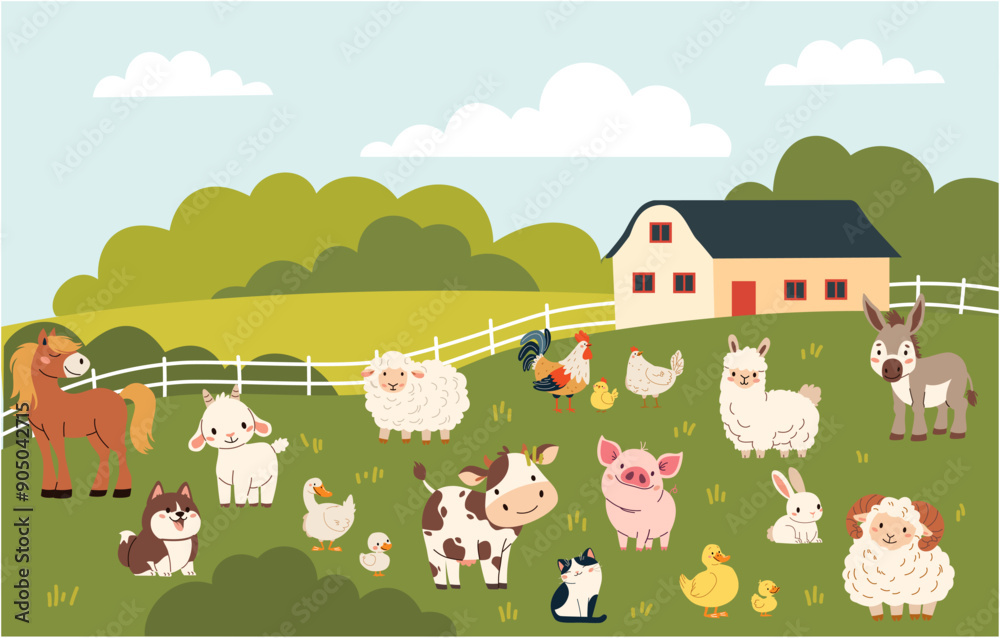 Set of flat vector illustration on white background. Domestic farm animals. Cow pig lamb sheep sheep horse dog cat goose duck hen rooster goat. Farm landscape . Vector illustration Set of flat vector illustration on white background. Domestic farm animals. Cow pig lamb sheep sheep horse dog cat goose duck hen rooster goat. Farm landscape . Vector illustration