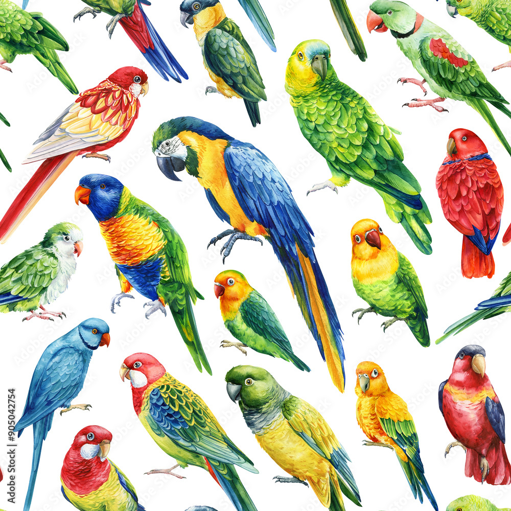 Obraz premium Seamless Pattern watercolor illustrations tropical palm leaves parrots birds isolated flora background, Tropic Patterns