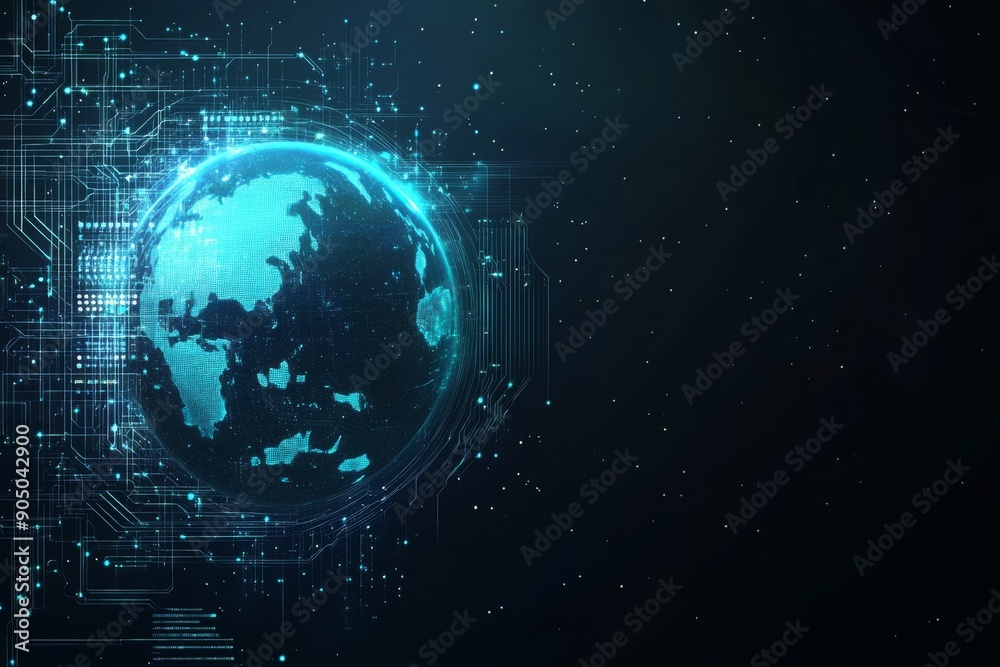 Obraz premium Abstract digital technology background with earth globe, blue glowing planet and hologram circuit board on black space backdrop