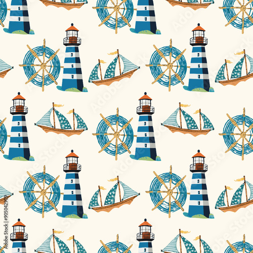 Nautical seamless pattern with lighthouse, boat and steering wheel.