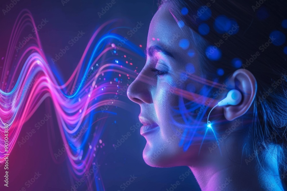 woman and Bluetooth Technology blue neon background woman and Bluetooth Technology blue neon background