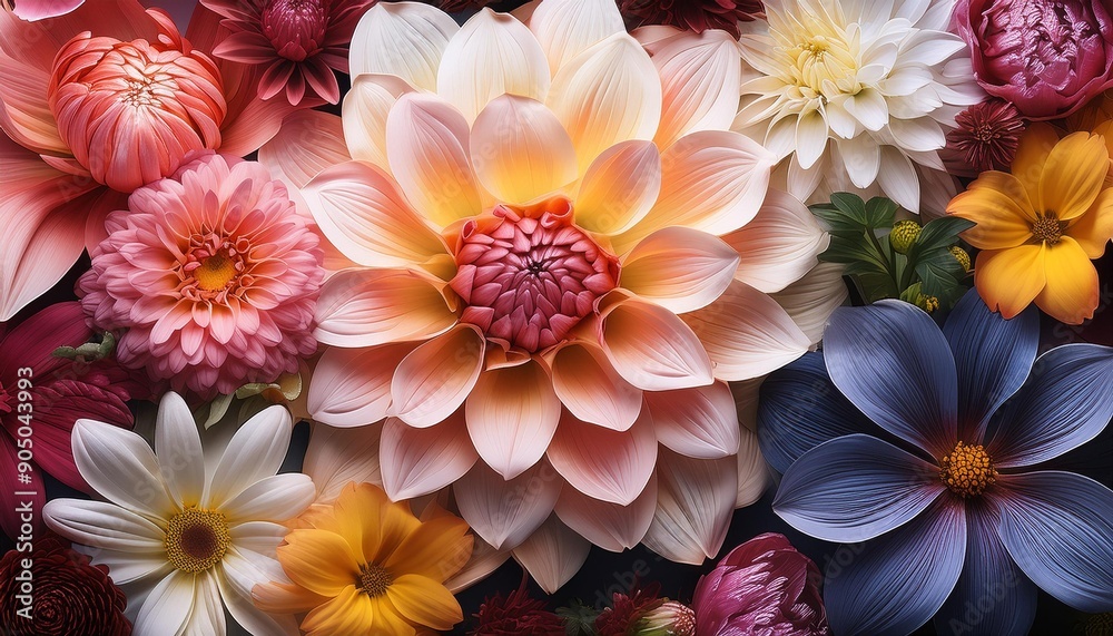 Highly detailed photo of various flowers, emphasizing their texture and color Highly detailed photo of various flowers, emphasizing their texture and color