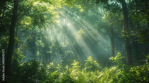 Sunbeams through the Enchanted Forest: A mystical and ethereal scene of sunlight piercing through the dense canopy of a lush, vibrant forest, casting beams of light that illuminate the mossy undergrow