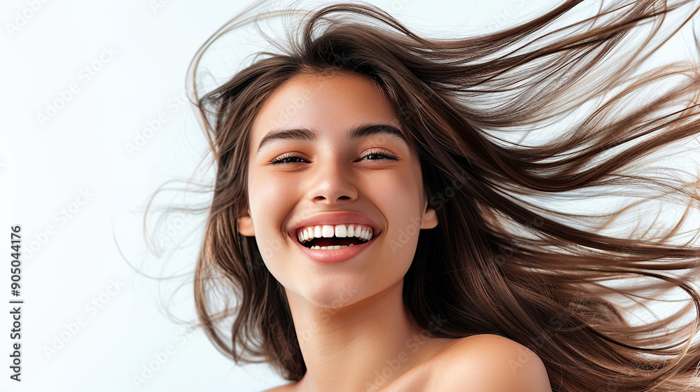 A beautiful woman with long hair smiling against a white background A beautiful woman with long hair smiling against a white background