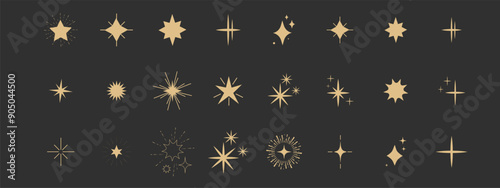 Set gold shine sparkle icon glare,light,blink star minimal shape, burst and rays golden decoration. Twinkle magic comic shine isolated on dark background.
