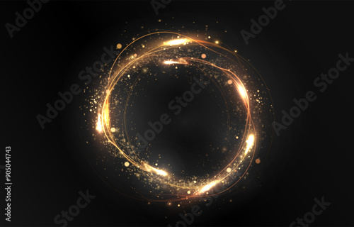 Vector light line effect of golden circle. Luminous fire trail on a transparent background. Light round line with an advantage effect. Golden dust circle light png.	
