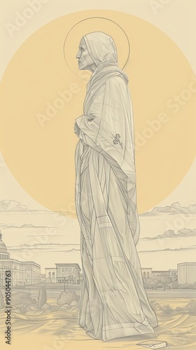 St. Frances Xavier Cabrini Serving Immigrants, Early 20th-Century America, Biblical Illustration, Beige Background, Copyspace , Biblical Illustration photo