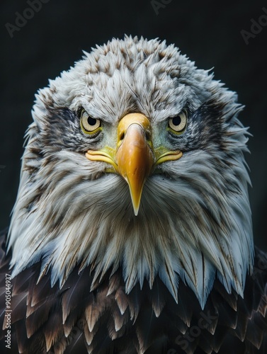 A close-up shot of a bald eagle's head and neck on a dark black background