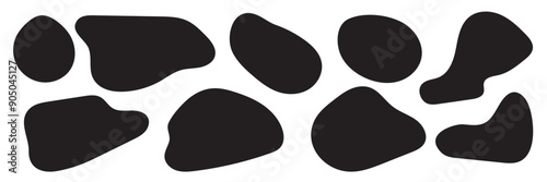 Abstract organic shapes set. Irregular liquid forms collection. Black amoeba blobs, blotches, drops and stains pack. Different design elements for label, sticker, banner, bubble, label.