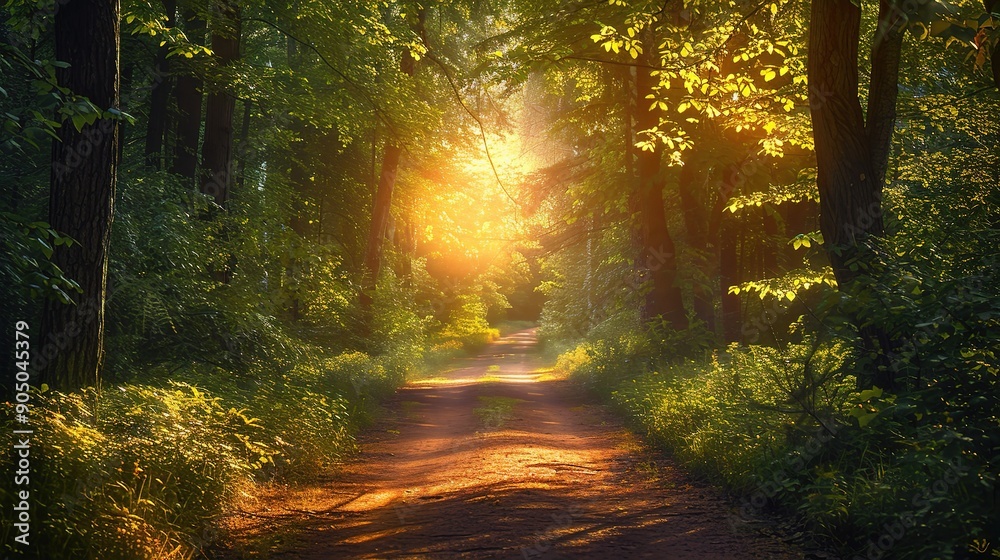Naklejka premium Golden Forest Path: A sun-drenched path through a dense, vibrant forest, bathed in a warm, golden light. The path leads the eye towards the light, creating a sense of mystery and wonder. 