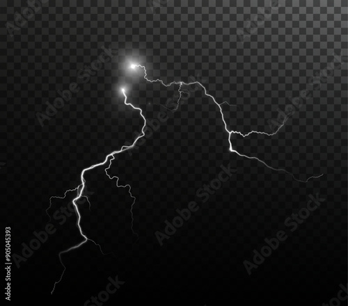 Light white isolated vector lightning png. Realistic natural glow white lightning effectThunderstorm. Strength Energy charge Thunder. Blitz Lightning Thunder Light Sparks Storm Flash	
