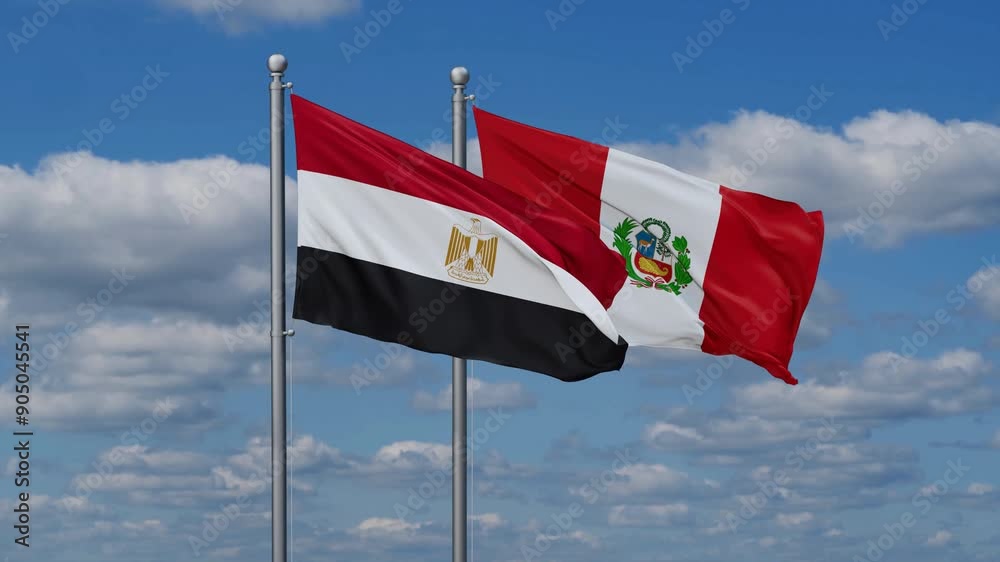Peru and Egypt flags flying together, video concept of the relationship, two country cooperation concept Peru and Egypt flags flying together, video concept of the relationship, two country cooperation concept