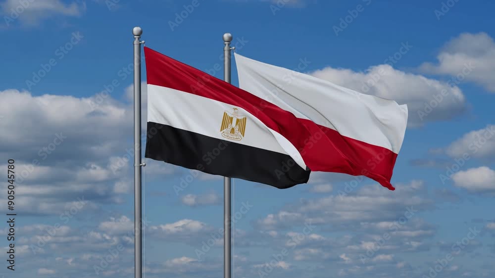 Poland and Egypt flags flying together, video concept of the relationship, two country cooperation concept Poland and Egypt flags flying together, video concept of the relationship, two country cooperation concept