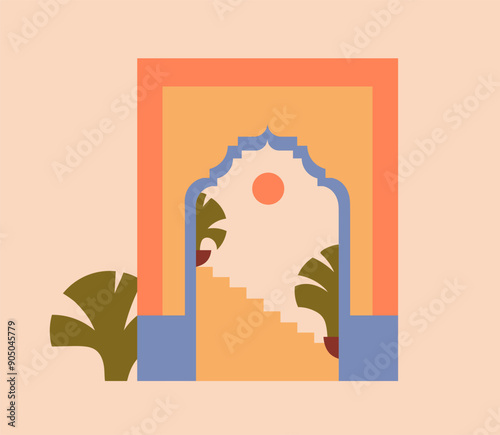 Moroccan architecture card. Marrakech arch, stairs, plants and sun. Contemporary modern minimalistic Marrakesh structures. Ancient Medina aesthetic, trendy style. Berber flat vector illustration