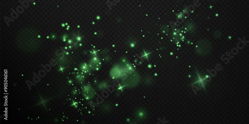 Christmas background. Powder PNG. Magic shining green dust. Fine, shiny dust green bokeh particles fall off slightly. Fantastic shimmer effect.	
