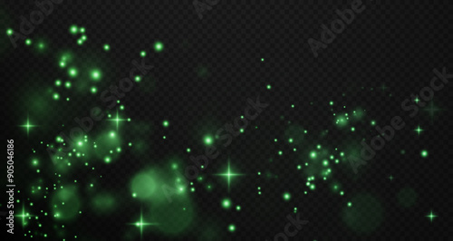 Christmas background. Powder PNG. Magic shining green dust. Fine, shiny dust green bokeh particles fall off slightly. Fantastic shimmer effect.	
