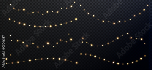Festive Christmas light gold garlands png. Decor element for postcards, invitations, backgrounds transparent, business cards. Stock royalty free. Winter new collection 2024.	
