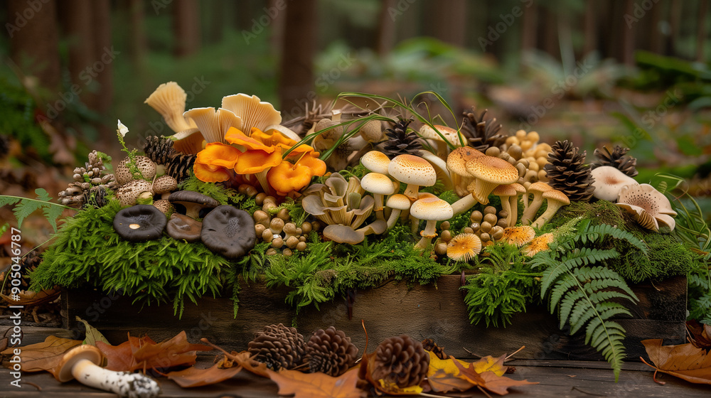 Stunning composition of a variety of forest mushrooms in a clearing in the forest Stunning composition of a variety of forest mushrooms in a clearing in the forest