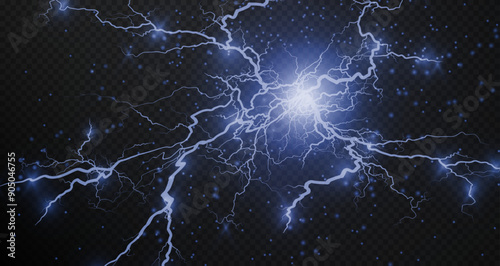 Lightning flash light thunder sparks on a transparent background.Fire and ice fractal lightning, plasma power backgroundvector illustration. Lightning PNG.	
