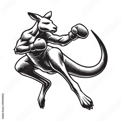 Kangaroo Silhouette - Kangaroo Clipart - A Kangaroo Boxing Punch illustration in black and white
