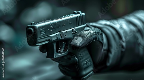 Hand holding a gun with dark glove in closeup