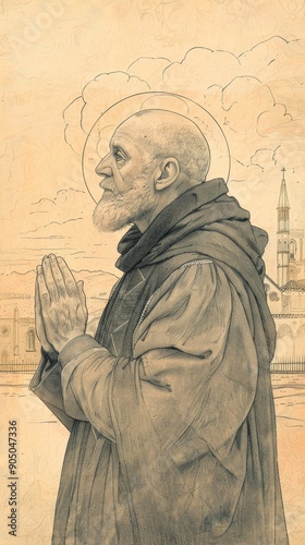 St. Benedict Biscop in Prayer in 7th-Century English Monastery, Biblical Illustration, Beige Background, Copyspace , Biblical Illustration photo