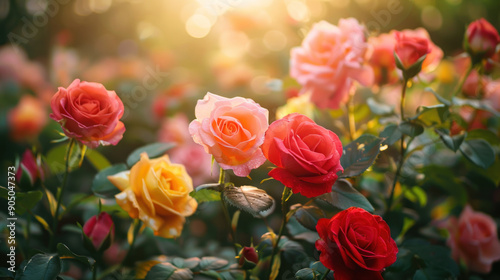 Stunning Rose Varieties in a Lush Garden with Charming Stone Pathway photo