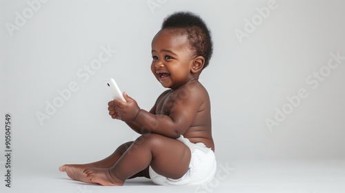 Cute little baby wearing diaper and playing with smart phone in studio, Kids and screen time photo