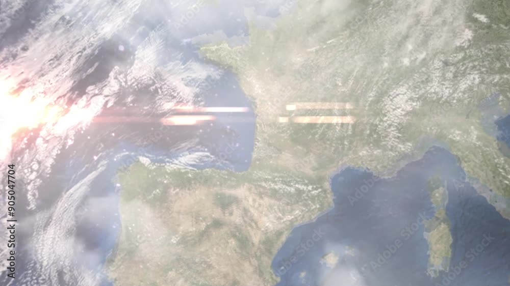 Earth zoom in from space and focus on La Teste de Buch, France. Background for travel intro or blog. Satellite view. 3D style Animation. Images from NASA.