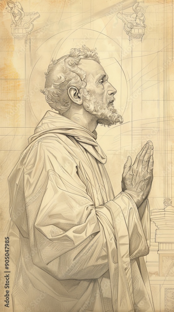 Fototapeta premium St. Leo the Great in Prayer in 5th-Century Church, Biblical Illustration, Beige Background, Copyspace , Biblical Illustration