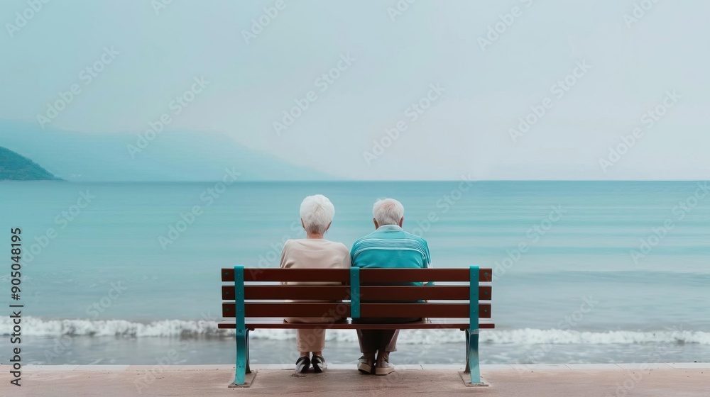 Elderly couple relaxing on a seaside bench, watching the waves, leisure travel concept, empty copy space for text on side Elderly couple relaxing on a seaside bench, watching the waves, leisure travel concept, empty copy space for text on side