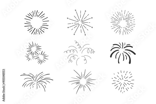 Set fireworks doodle line explosion radial sparkler with rays, hand drawn firecrackers simple and round decoration isolated on white background.
