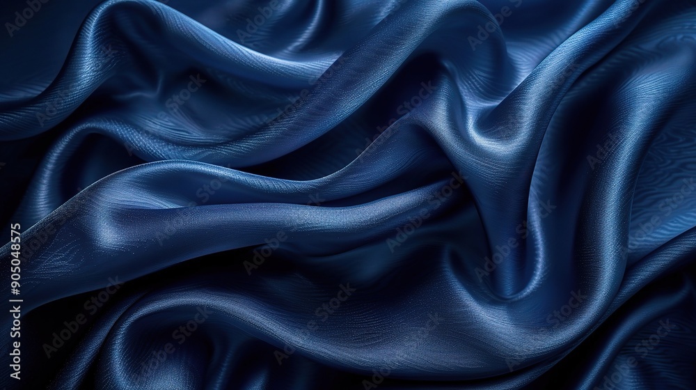 Obraz premium Navy Blue Satin Drape: Luxurious and elegant, a close-up shot of deep blue satin fabric, its smooth, flowing texture and rich color create a visually captivating backdrop for fashion, beauty, and desi