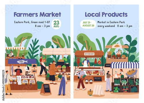 Farmers market, advertising poster design. Local farm vegetables, fruits at outdoor festival, fair. Eco marketplace, domestic produce, promotion flyer cards, templates. Flat vector illustration