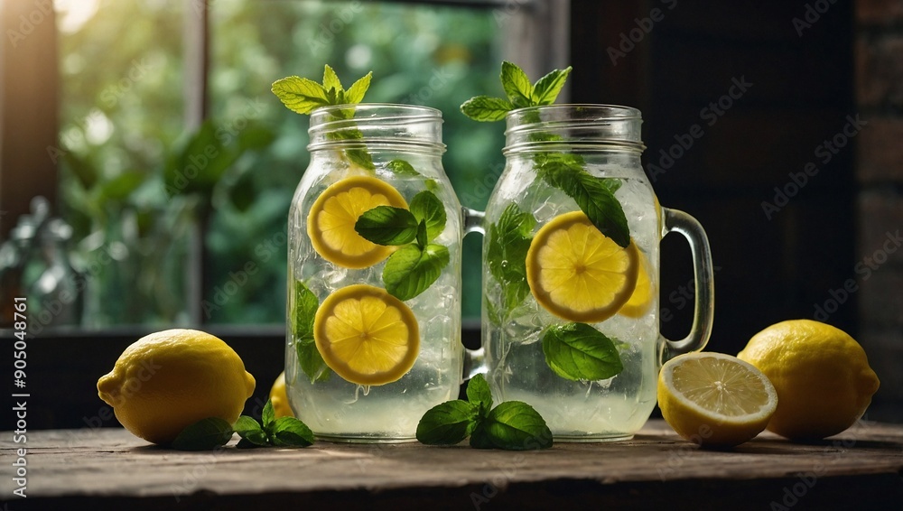 Refreshing lemonade with fresh lemon and mint in glass Refreshing lemonade with fresh lemon and mint in glass