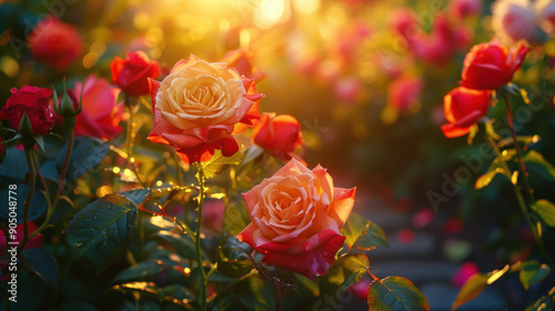 Detailed View of Roses in a Beautiful Garden with Red, Pink, and Yellow Flowers photo