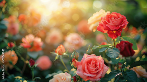 Gorgeous Rose Garden Close-Up Featuring Red, Pink, and Yellow Roses in a Green Setting photo