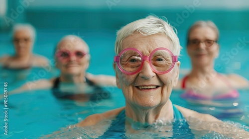 Group of happy elderly people in a pool, water aerobics session, wellness and fitness, editorial photography, copy space for text photo