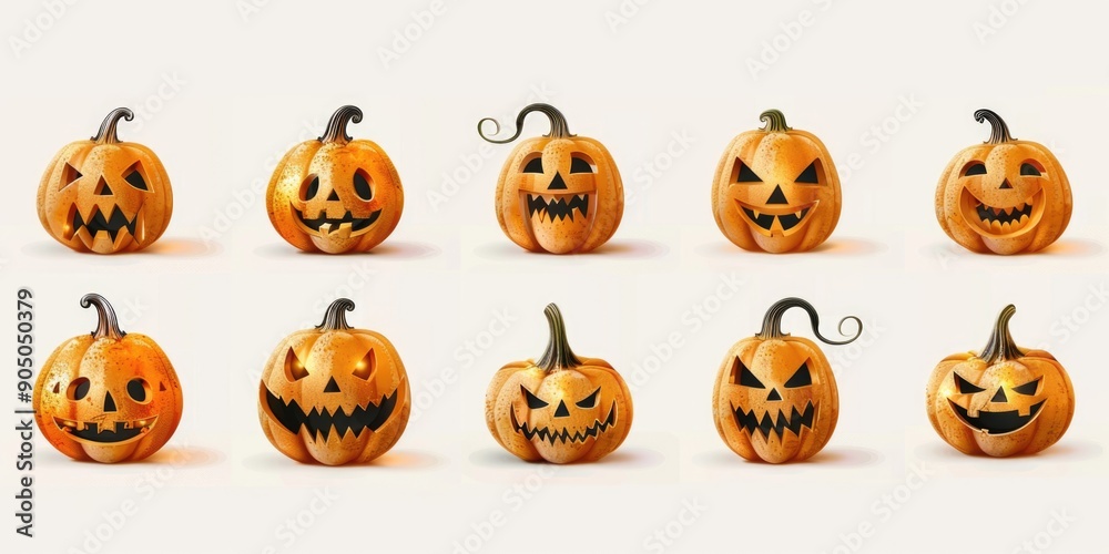 A group of pumpkins with painted-on faces, often used for fall or Halloween-themed designs A group of pumpkins with painted-on faces, often used for fall or Halloween-themed designs