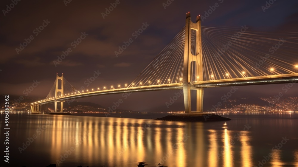 Fototapeta premium Illuminated Bridge Over Water at Night