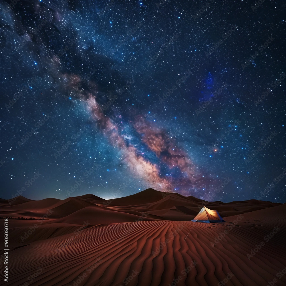 Vast desert stretches under a sky filled with twinkling stars Vast desert stretches under a sky filled with twinkling stars