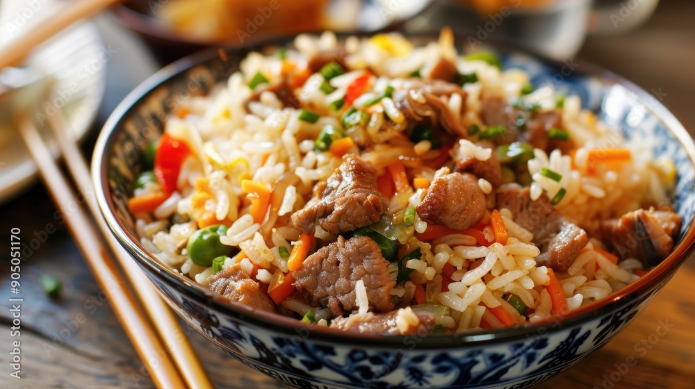 Chinese fast food Rice and meat mixed on a plate indoors Chinese fast food Rice and meat mixed on a plate indoors