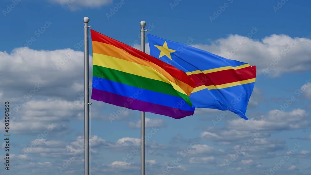 Democratic Republic of the Congo and LGBT movement flags flying together, video concept of the relationship, two country relations concept Democratic Republic of the Congo and LGBT movement flags flying together, video concept of the relationship, two country relations concept