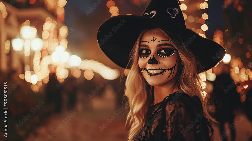 Smiling woman in dress, witch hat and skeleton makeup on night street on Halloween Smiling woman in dress, witch hat and skeleton makeup on night street on Halloween